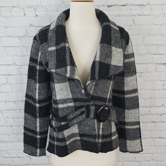 Black White Plaid Gray Belted Short Shawl Collar Jacket S - Picture 3 of 5